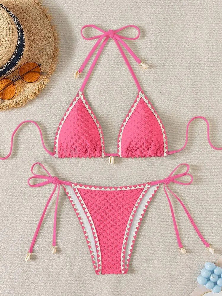 Sexy Halter Wrinkled Weave Bikini Set