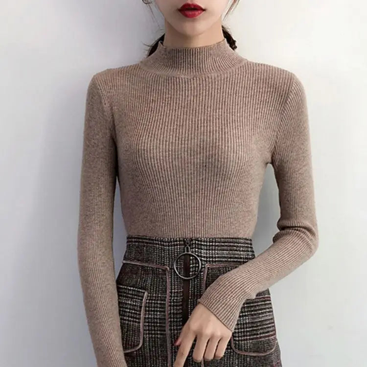 Mock Neck Women Sweater Vintage Basic Solid Knitted Casual Slim Pullover Korean Sweaters