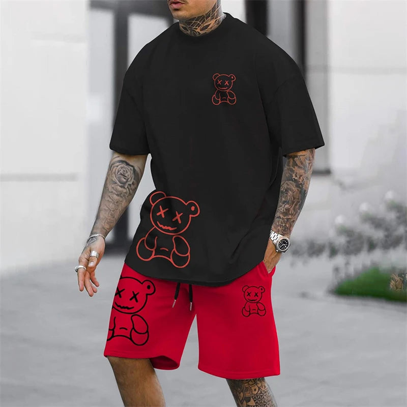 2024 Fun Bear Harajuku T-Shirt Men's Summer Loose Daily Couple Suit Outdoor Street Short Sleeve Shorts Two Piece Men Summer Suit