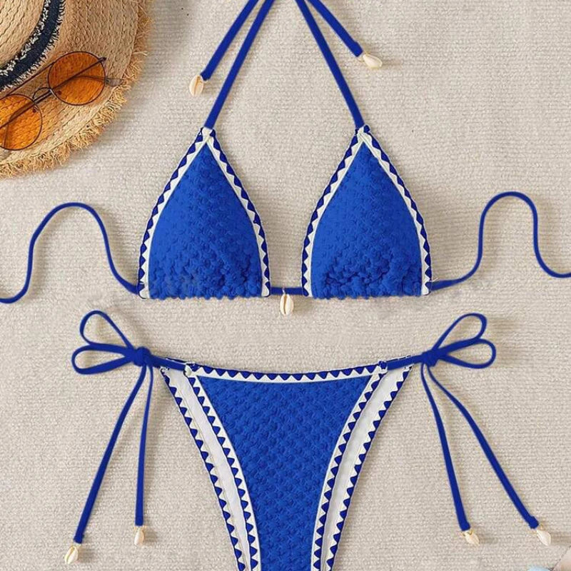 Sexy Halter Wrinkled Weave Bikini Set