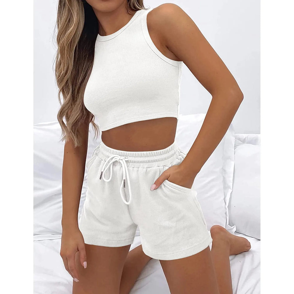 Two Piece Sets Women Vest Crop Tracksuit Tops Short Sets Beach Lace Up Elastic Waist Loose Casual Summer Set Matching Sets