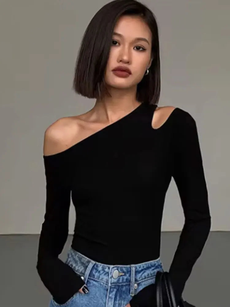 Skew Collar Off-shoulder Long-sleeved Top