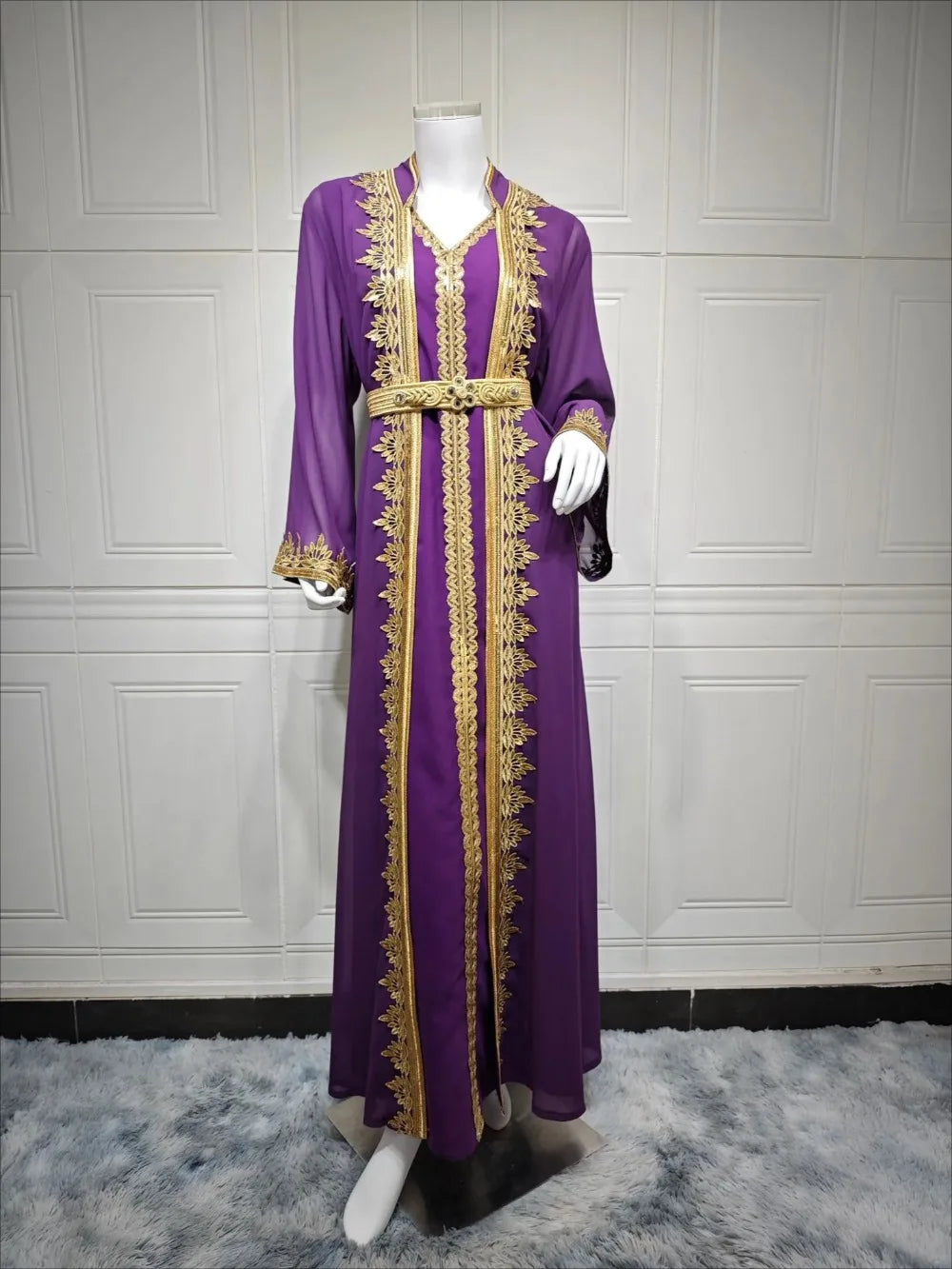 Muslim Women Jalabiya 2 Piece Set Embroidery Arab Long Robe Kaftan
