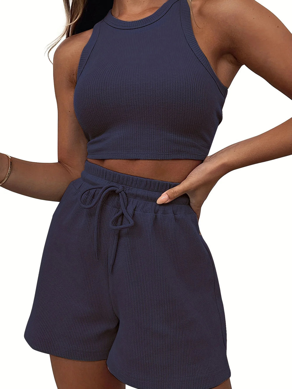 Two Piece Sets Women Vest Crop Tracksuit Tops Short Sets Beach Lace Up Elastic Waist Loose Casual Summer Set Matching Sets