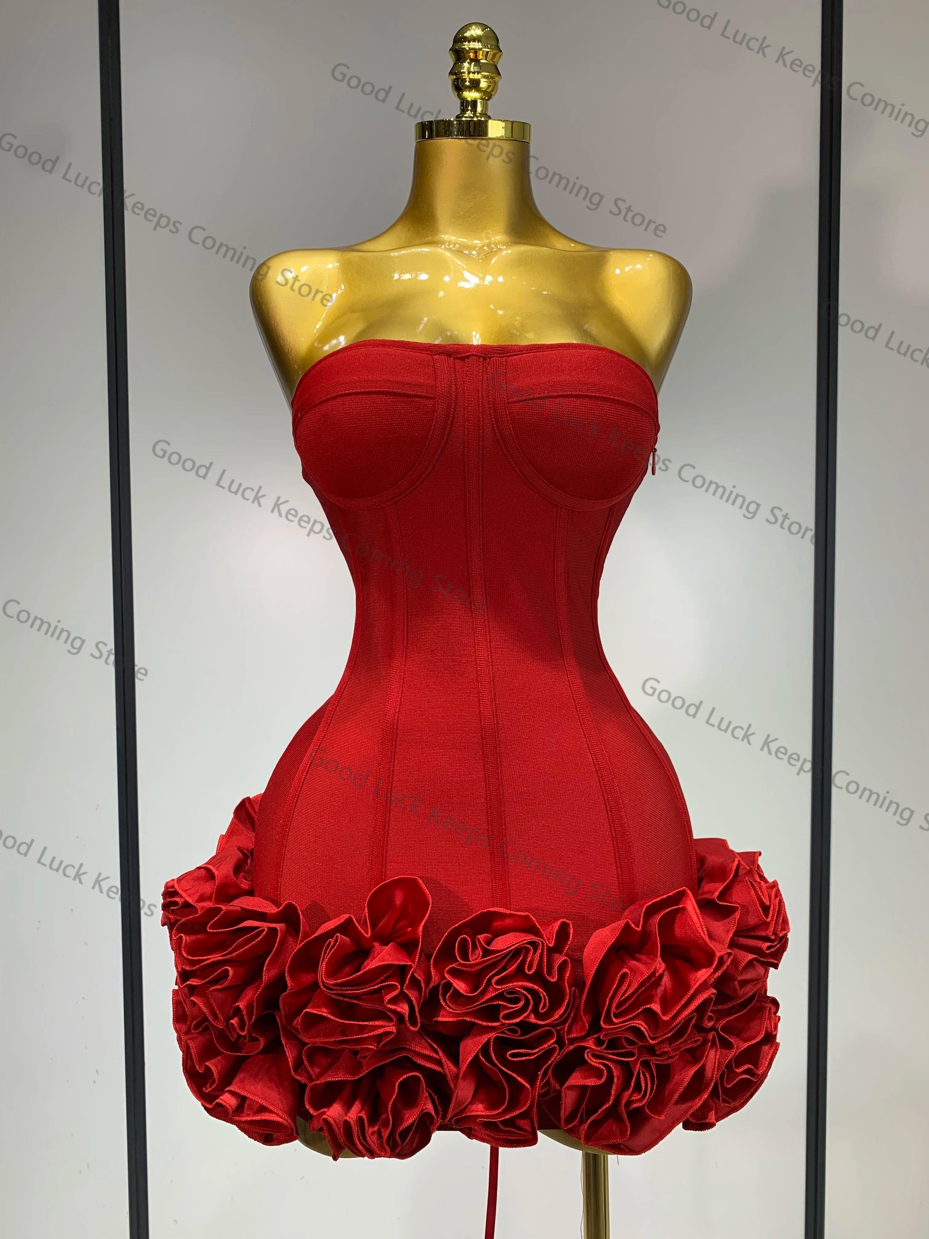 Women Sexy Strapless Backless Flower Embellished Mini Bandage Dress Bodycon Party Cocktail Evening Party Club Dresses