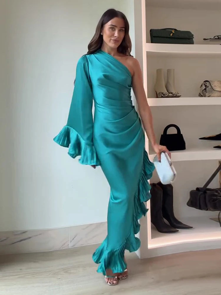 Layered Ruffles One-shoulder Sleeve Long Dress Women Flare Sleeve Irregular Hem Slim Female Dresses Spring Evening Robe