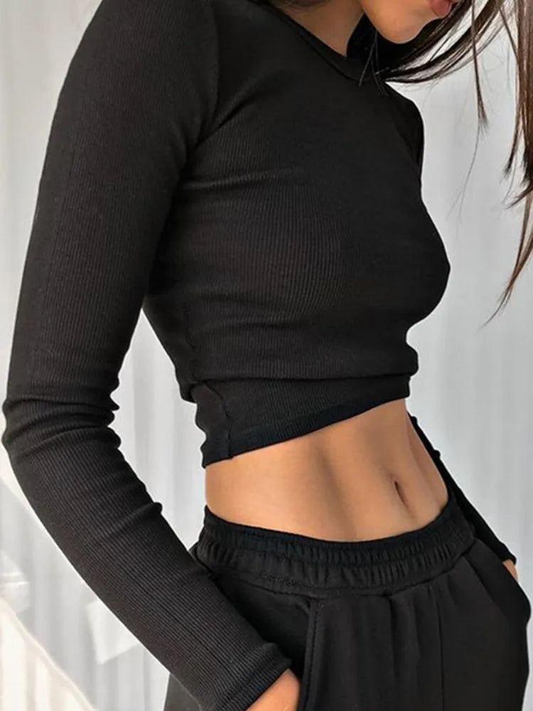 O Neck Long Sleeve Ribbed Cropped Casual High Stretch Basic Woman T Shirts