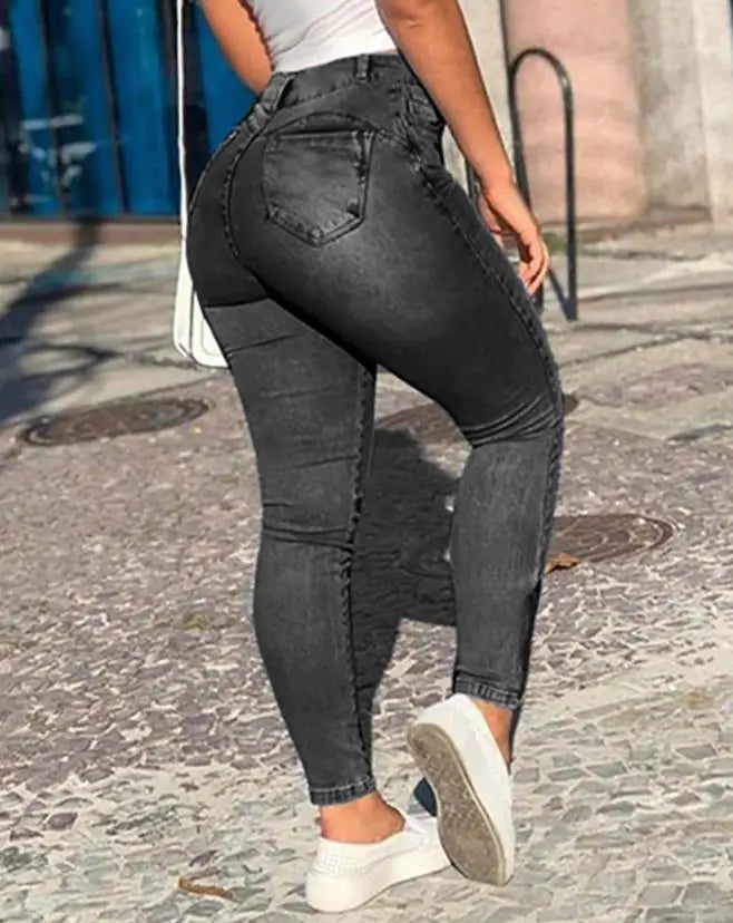 Women's Denim Pants New Fashion Solid Color Buttoned Pocket Zipper Design High Waist Casual Daily Skinny Jeans