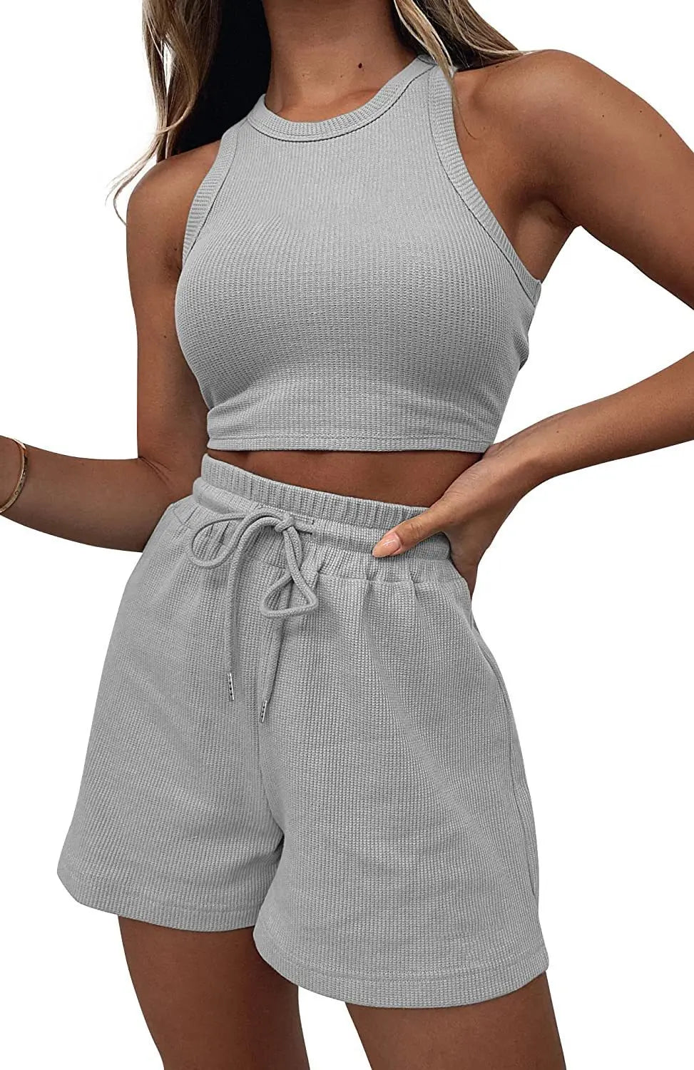 Two Piece Sets Women Vest Crop Tracksuit Tops Short Sets Beach Lace Up Elastic Waist Loose Casual Summer Set Matching Sets