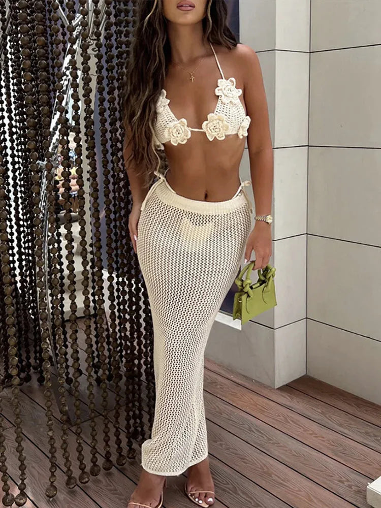 Sexy Vest Long Skirt Sets Shell Sleeveless Backless Hip Package Knot Skirt 2 Pieces Outfit