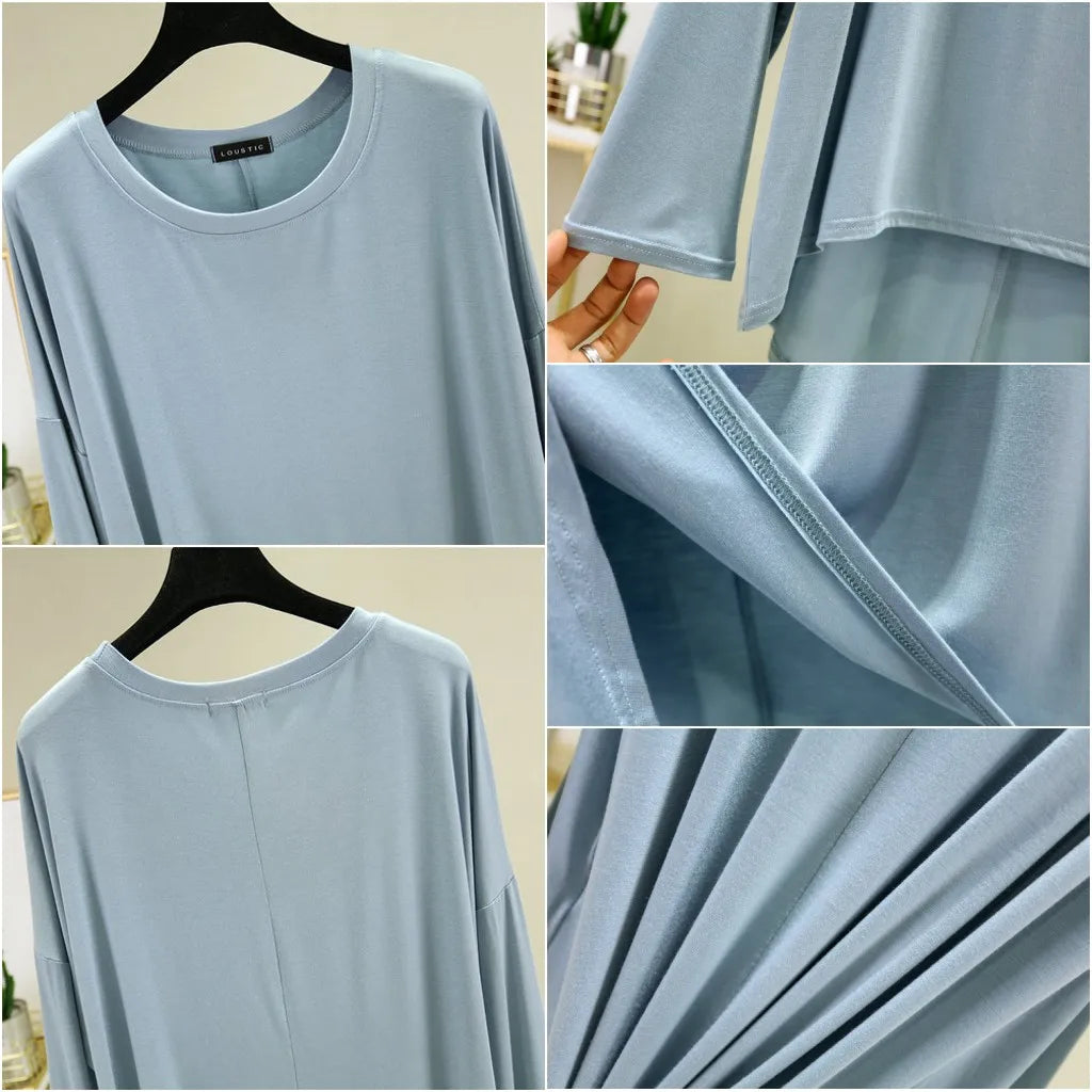 Loose Thin Modal Tshirts Long Sleeves Women O-Neck Solid Tee Tops Basic top