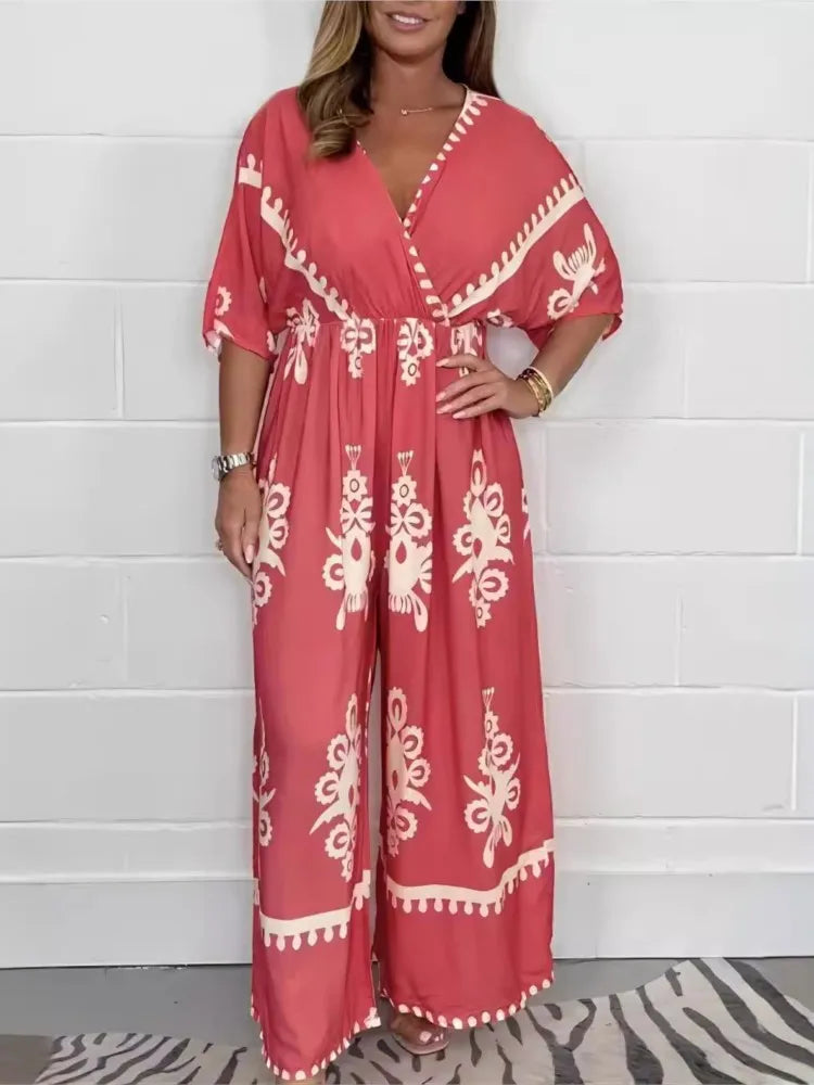 Wide Leg Pants Overalls V-neck Retro Casual Printed Ethnic Jumpsuit