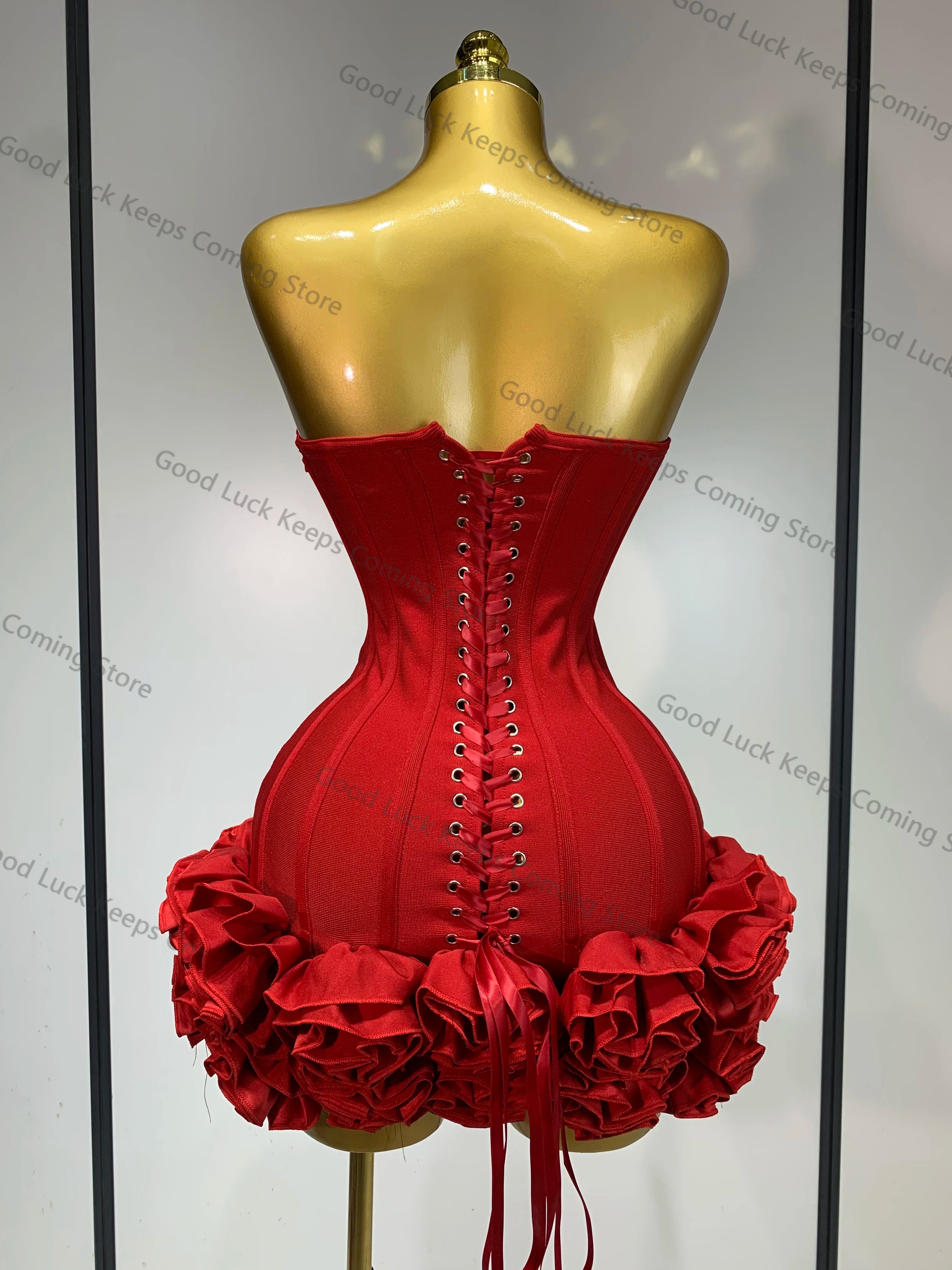 Women Sexy Strapless Backless Flower Embellished Mini Bandage Dress Bodycon Party Cocktail Evening Party Club Dresses