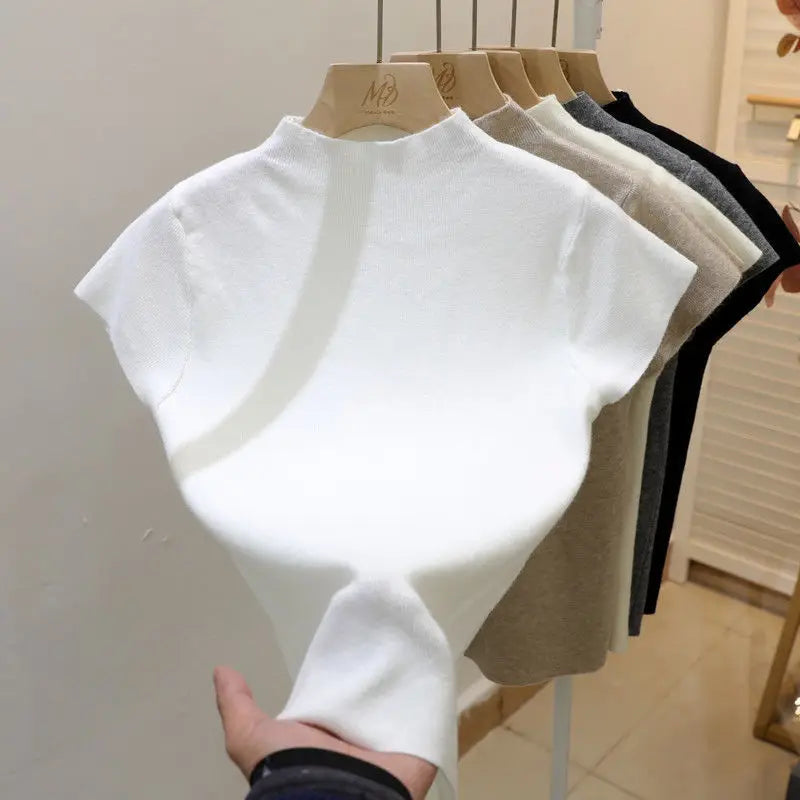 2026 Basic Turtleneck Solid Thin Summer Pullover Women Female Knitted Sweater Slim Short Sleeve