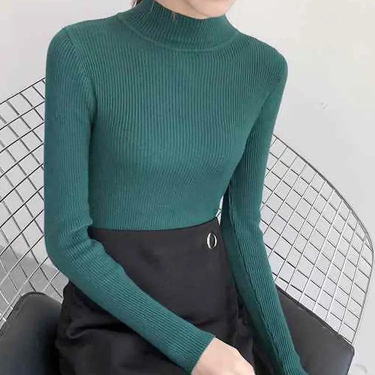 Mock Neck Women Sweater Vintage Basic Solid Knitted Casual Slim Pullover Korean Sweaters