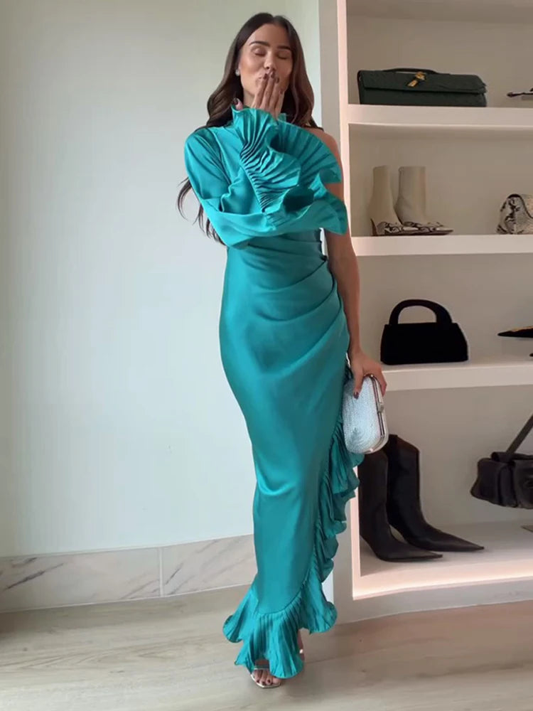 Layered Ruffles One-shoulder Sleeve Long Dress Women Flare Sleeve Irregular Hem Slim Female Dresses Spring Evening Robe