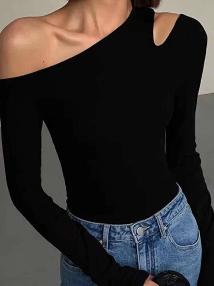 Skew Collar Off-shoulder Long-sleeved Top