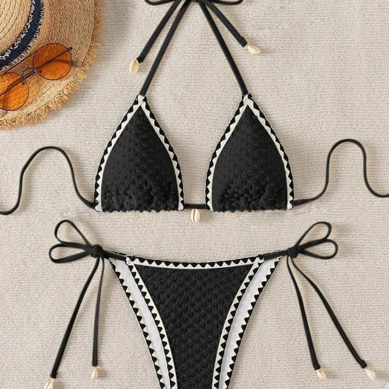 Sexy Halter Wrinkled Weave Bikini Set
