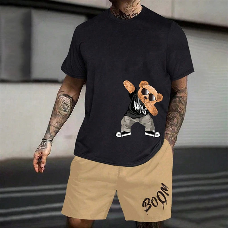 2024 Fun Bear Harajuku T-Shirt Men's Summer Loose Daily Couple Suit Outdoor Street Short Sleeve Shorts Two Piece Men Summer Suit