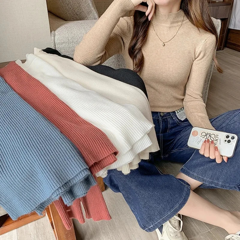 Mock Neck Women Sweater Vintage Basic Solid Knitted Casual Slim Pullover Korean Sweaters
