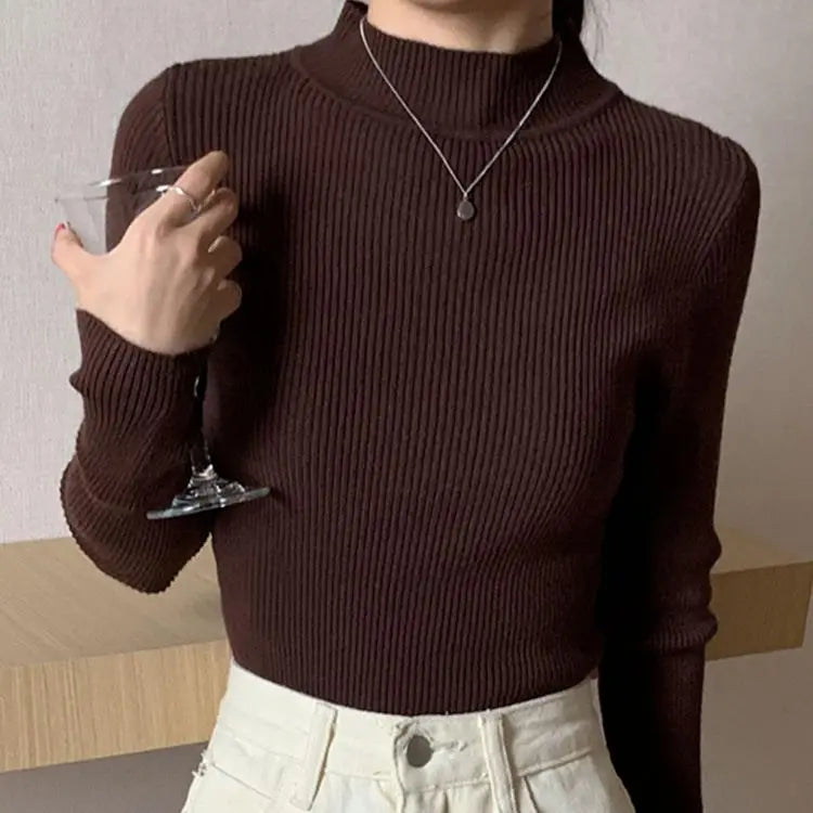 Mock Neck Women Sweater Vintage Basic Solid Knitted Casual Slim Pullover Korean Sweaters