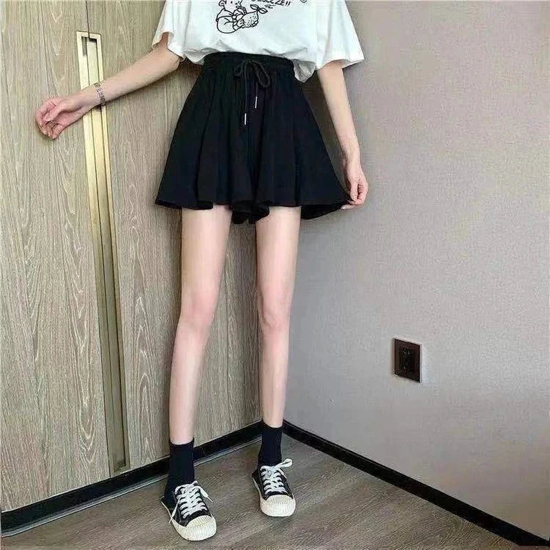 Shorts Skirts Women Elastic High Waist Casual Wide Leg Shorts Korean A Line Loose Mini Skirt Black Short Pants