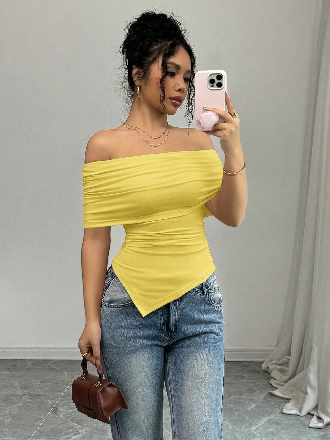 Ladies' one-shoulder irregular solid-color top for spring and summer