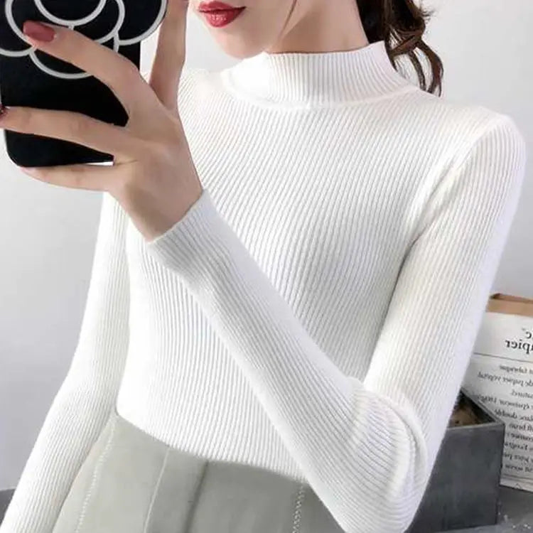 Mock Neck Women Sweater Vintage Basic Solid Knitted Casual Slim Pullover Korean Sweaters