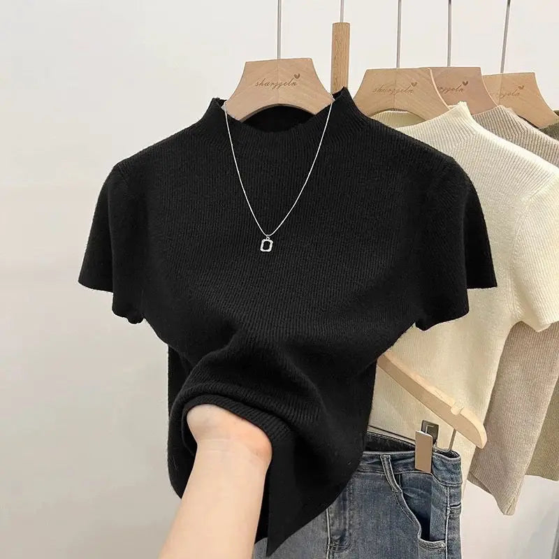 2026 Basic Turtleneck Solid Thin Summer Pullover Women Female Knitted Sweater Slim Short Sleeve