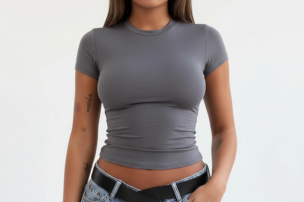 Basic Solid Crop Top Short Sleeve Crewneck Skinny T-shirt Summer Casual Tee for Women Y2K Vintage Top Harajuku Streetwear