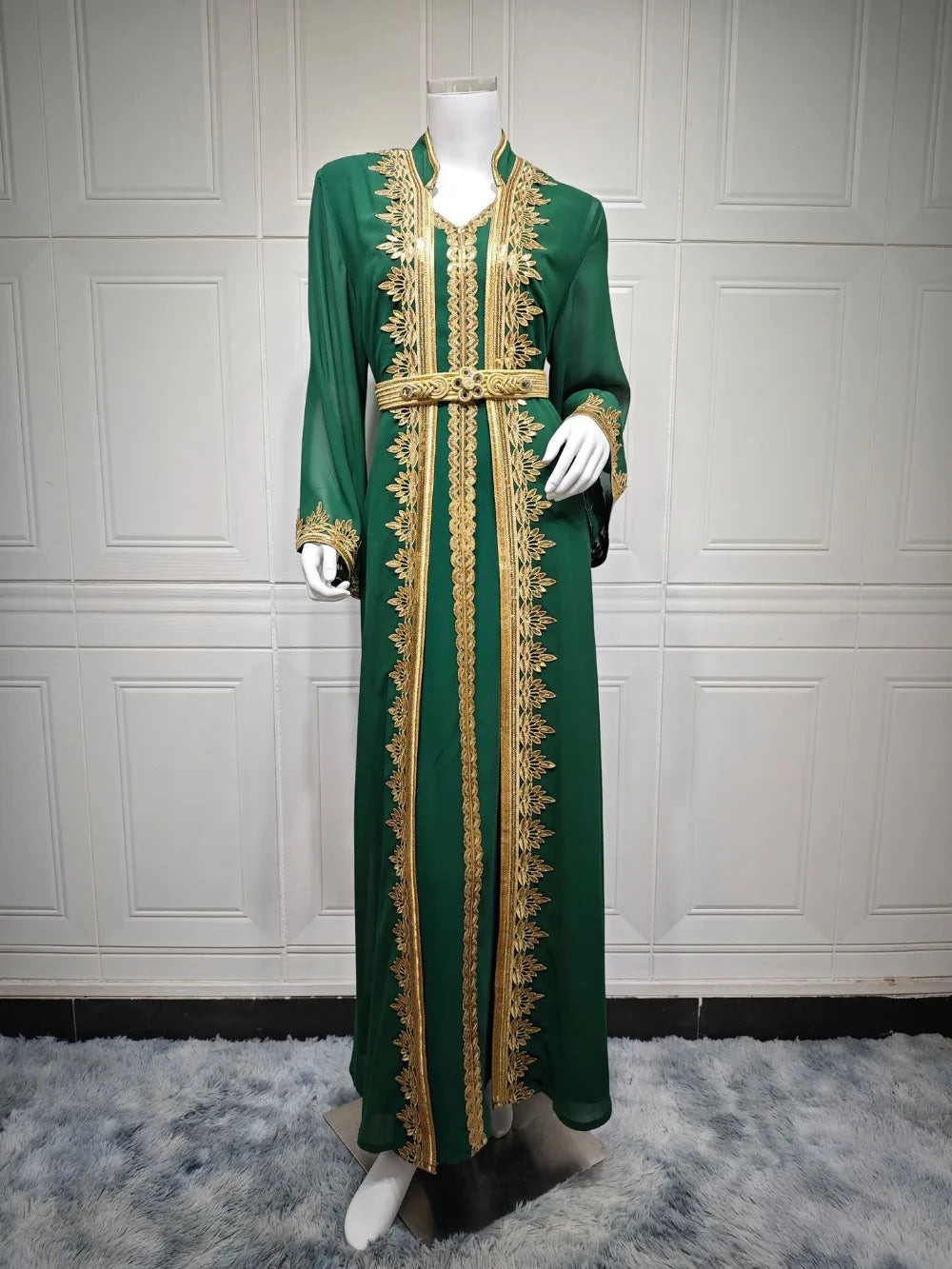 Muslim Women Jalabiya 2 Piece Set Embroidery Arab Long Robe Kaftan