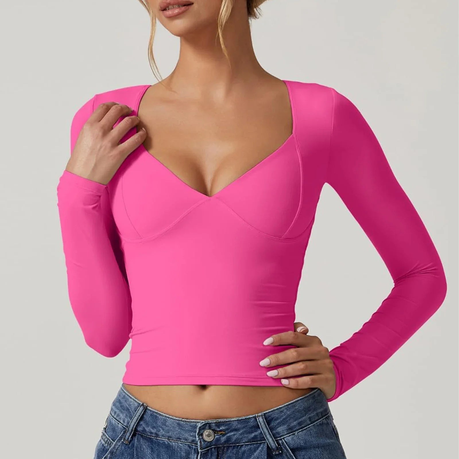Women's Solid Color Basic T-Shirts Long Sleeves Slim Fit Sweetheart Neck Early Fall Casual Crop Tops