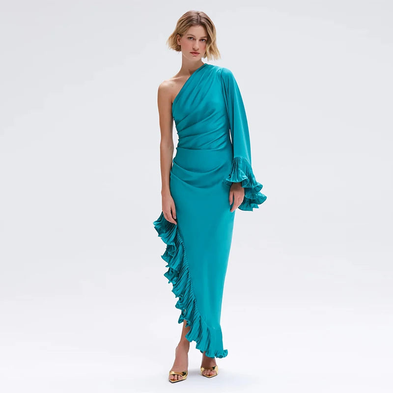 Layered Ruffles One-shoulder Sleeve Long Dress Women Flare Sleeve Irregular Hem Slim Female Dresses Spring Evening Robe