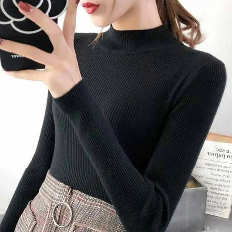 Mock Neck Women Sweater Vintage Basic Solid Knitted Casual Slim Pullover Korean Sweaters