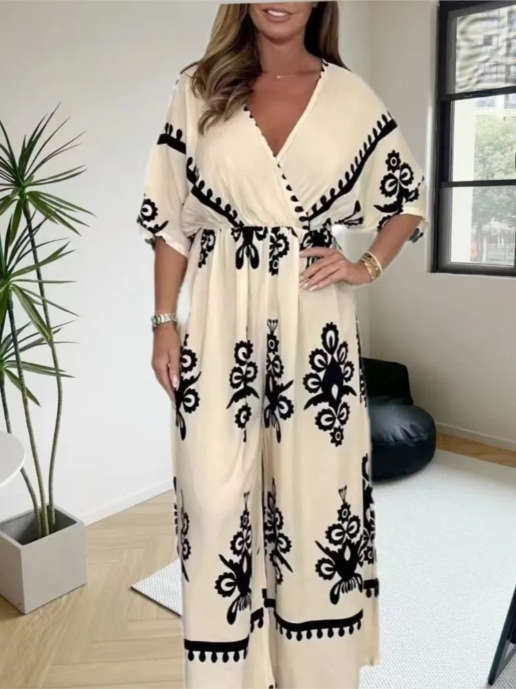 Wide Leg Pants Overalls V-neck Retro Casual Printed Ethnic Jumpsuit