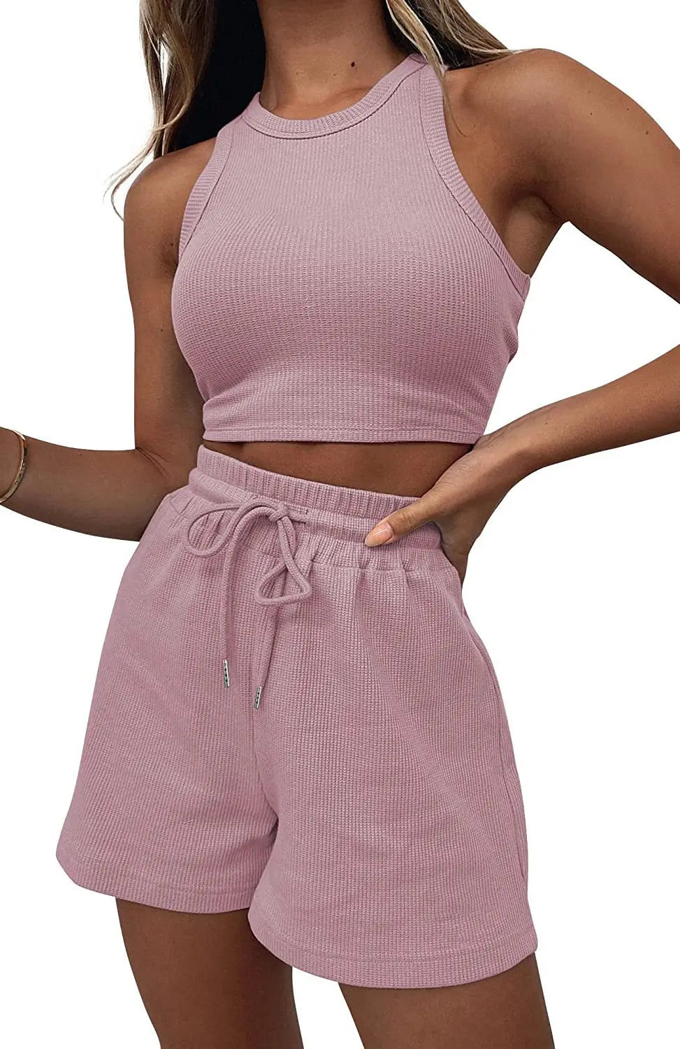 Two Piece Sets Women Vest Crop Tracksuit Tops Short Sets Beach Lace Up Elastic Waist Loose Casual Summer Set Matching Sets