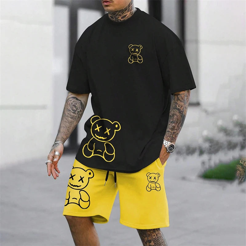 2024 Fun Bear Harajuku T-Shirt Men's Summer Loose Daily Couple Suit Outdoor Street Short Sleeve Shorts Two Piece Men Summer Suit