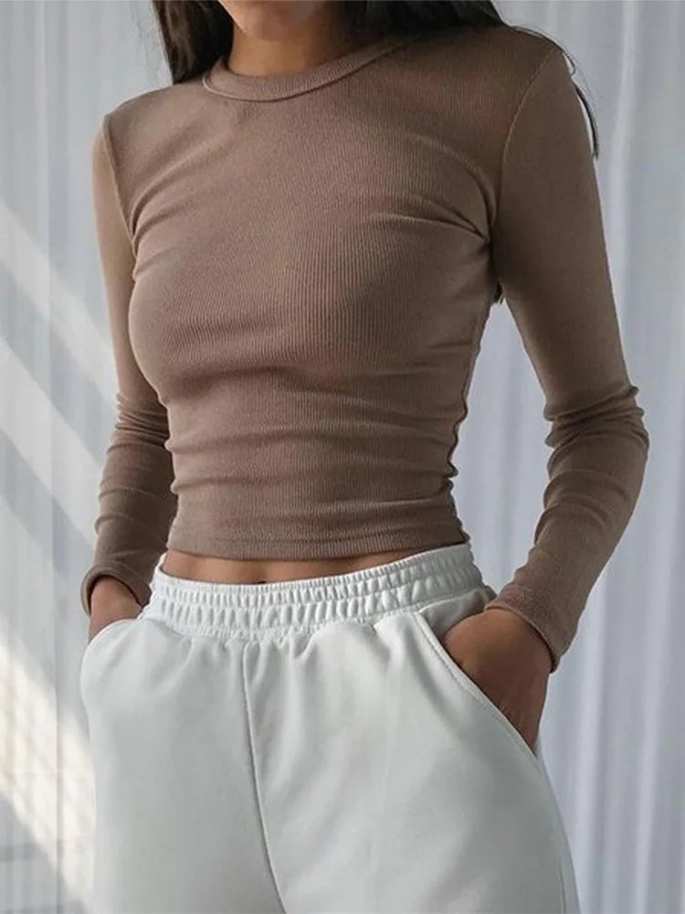 O Neck Long Sleeve Ribbed Cropped Casual High Stretch Basic Woman T Shirts