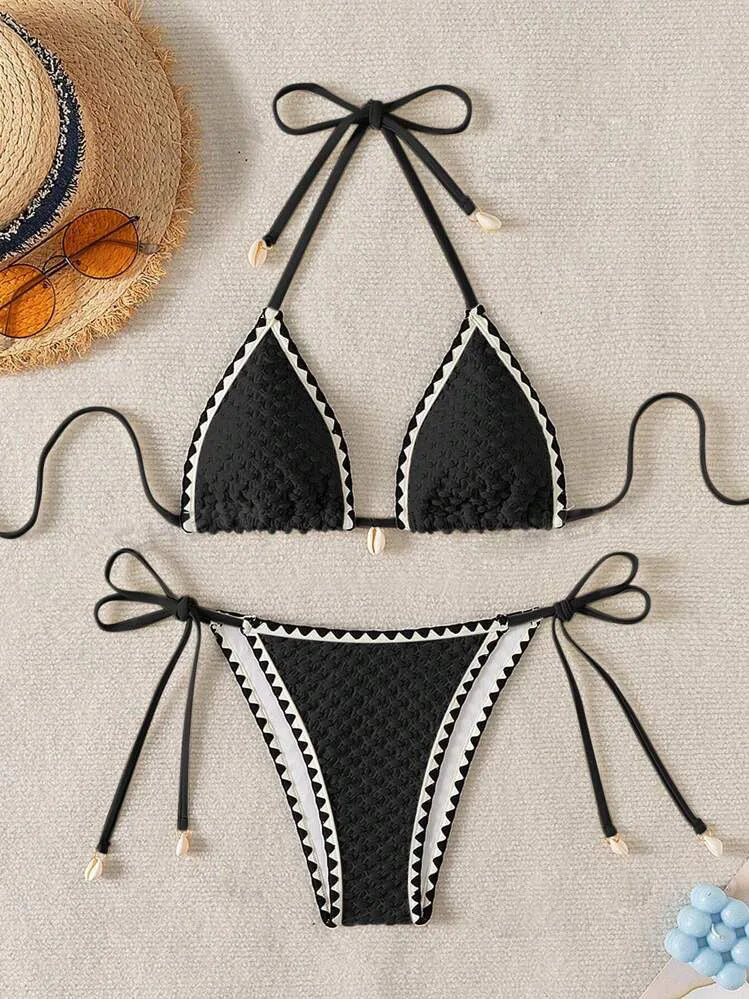 Sexy Halter Wrinkled Weave Bikini Set