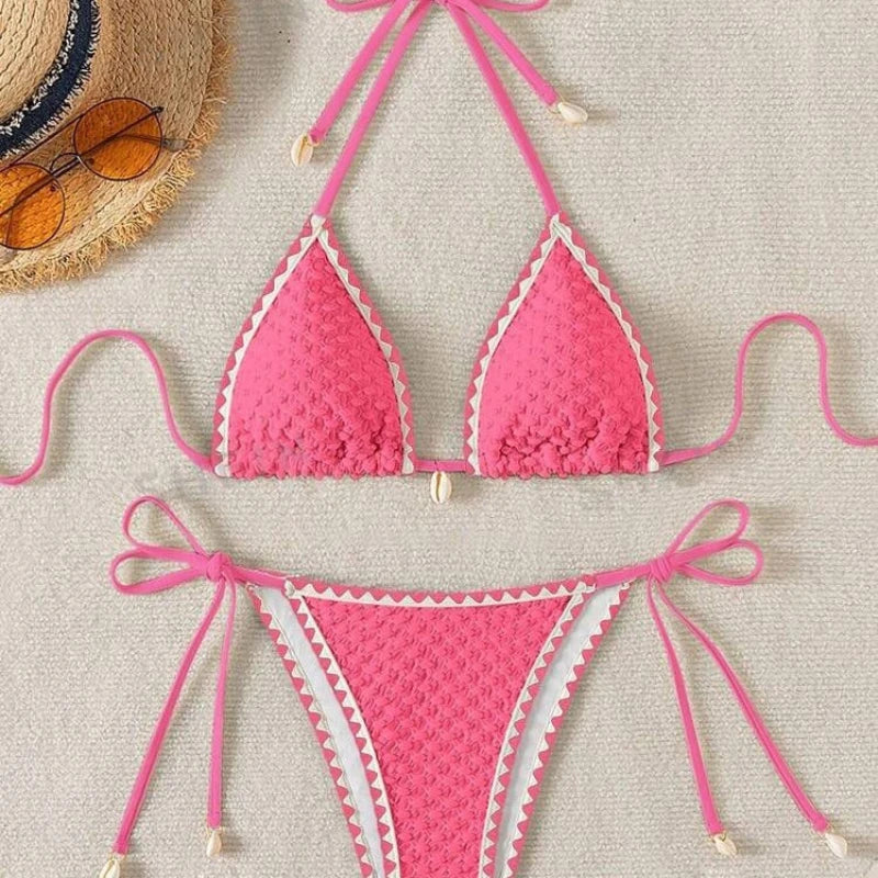 Sexy Halter Wrinkled Weave Bikini Set