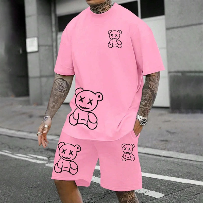 2024 Fun Bear Harajuku T-Shirt Men's Summer Loose Daily Couple Suit Outdoor Street Short Sleeve Shorts Two Piece Men Summer Suit