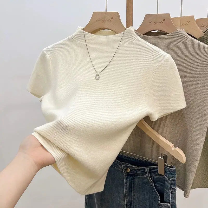 2026 Basic Turtleneck Solid Thin Summer Pullover Women Female Knitted Sweater Slim Short Sleeve