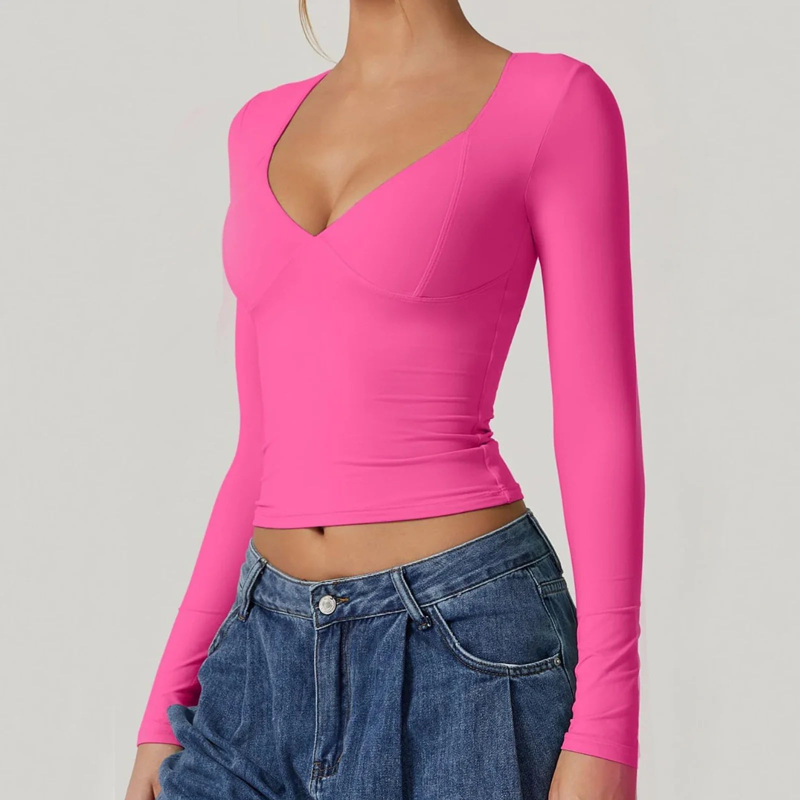 Women's Solid Color Basic T-Shirts Long Sleeves Slim Fit Sweetheart Neck Early Fall Casual Crop Tops