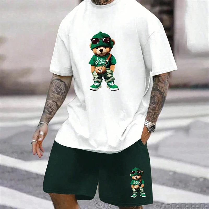 2024 Fun Bear Harajuku T-Shirt Men's Summer Loose Daily Couple Suit Outdoor Street Short Sleeve Shorts Two Piece Men Summer Suit