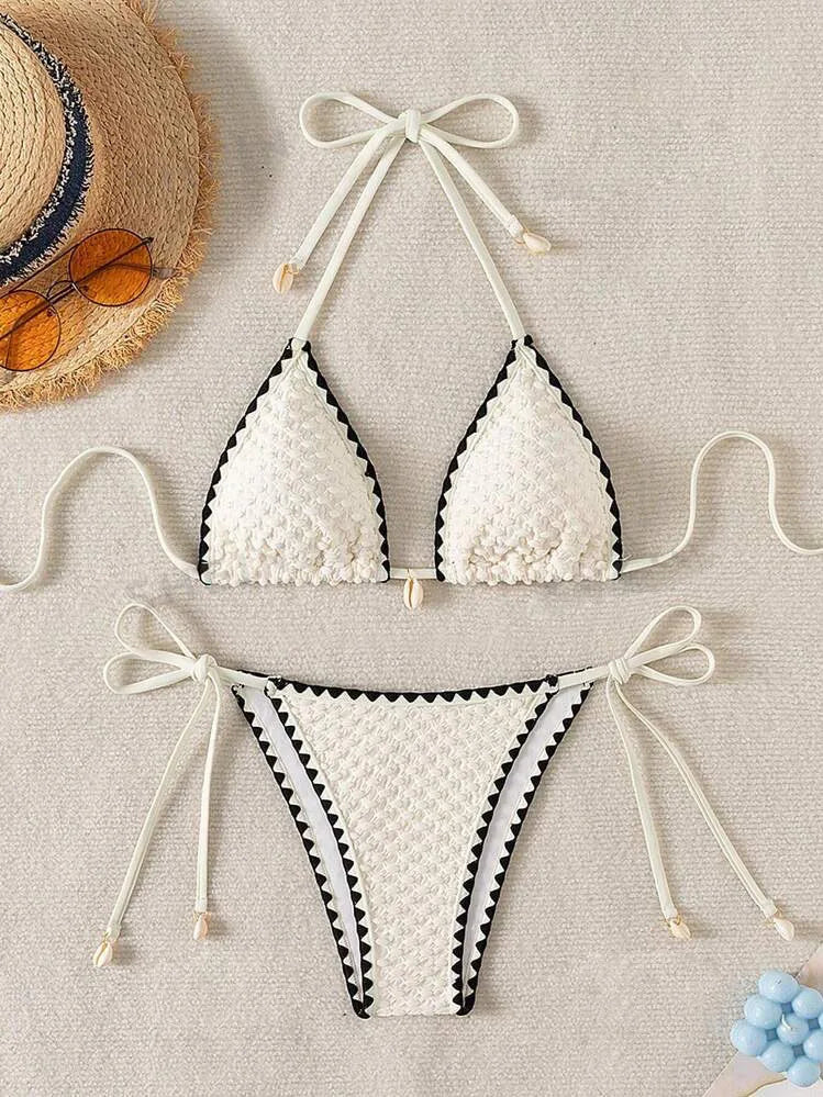 Sexy Halter Wrinkled Weave Bikini Set