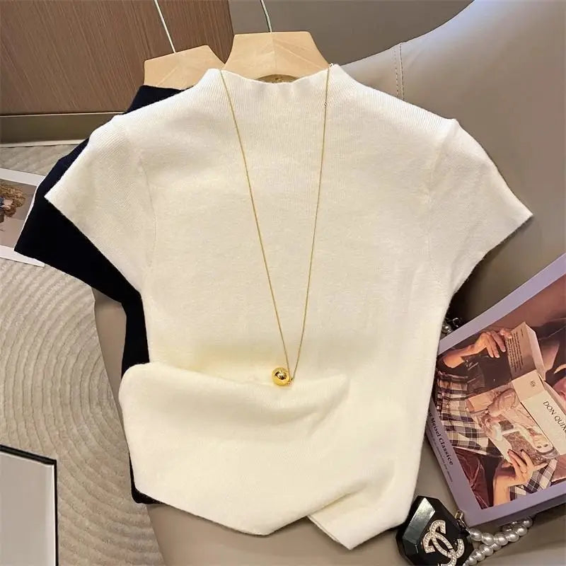 2026 Basic Turtleneck Solid Thin Summer Pullover Women Female Knitted Sweater Slim Short Sleeve