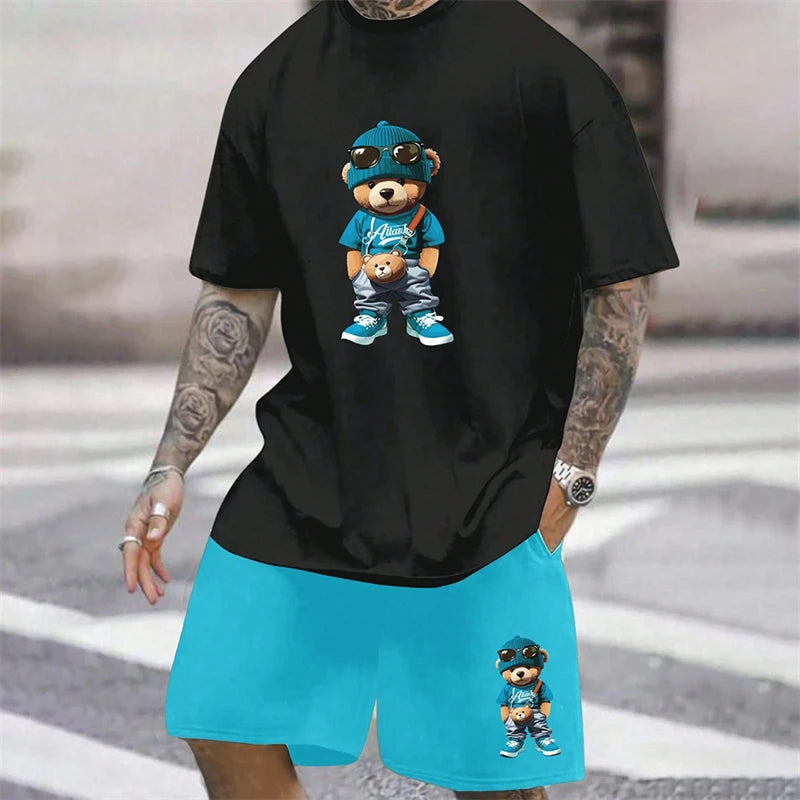 2024 Fun Bear Harajuku T-Shirt Men's Summer Loose Daily Couple Suit Outdoor Street Short Sleeve Shorts Two Piece Men Summer Suit