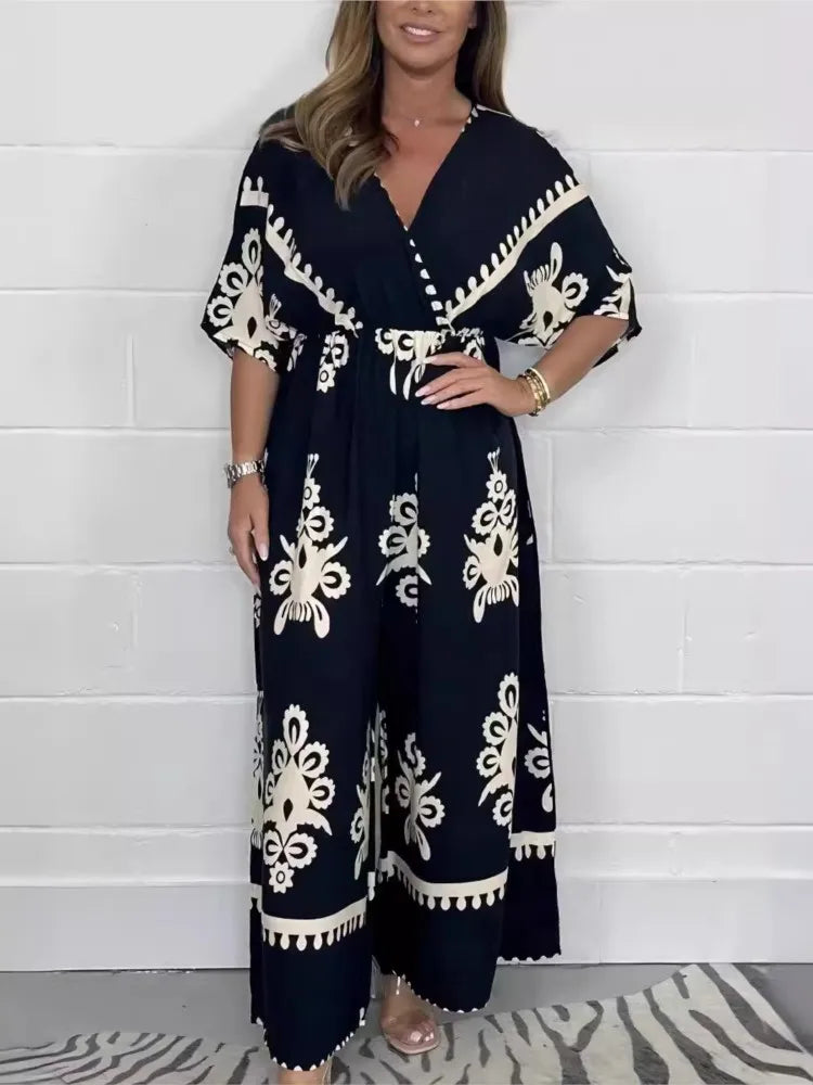 Wide Leg Pants Overalls V-neck Retro Casual Printed Ethnic Jumpsuit