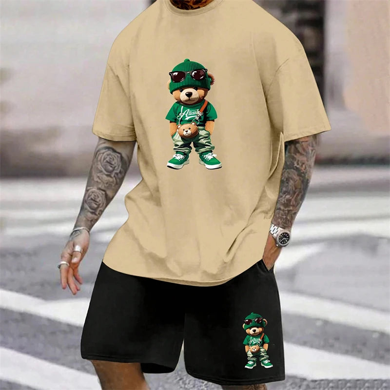 2024 Fun Bear Harajuku T-Shirt Men's Summer Loose Daily Couple Suit Outdoor Street Short Sleeve Shorts Two Piece Men Summer Suit