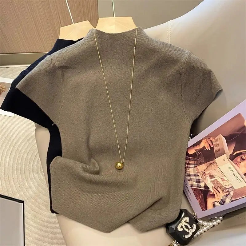 2026 Basic Turtleneck Solid Thin Summer Pullover Women Female Knitted Sweater Slim Short Sleeve